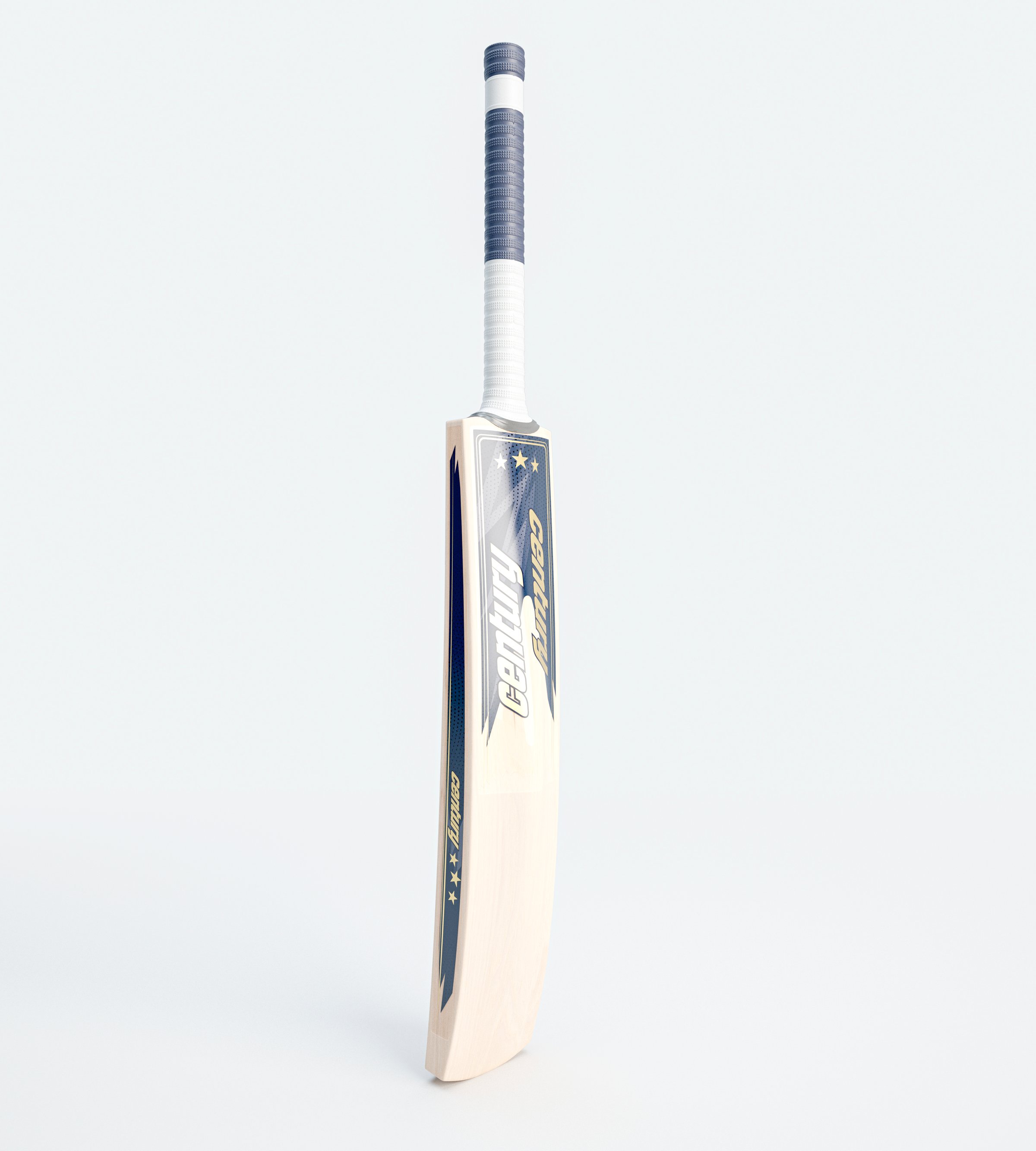 A modern wooden cricket bat with generic brand decals on an isolated white background - 3D render