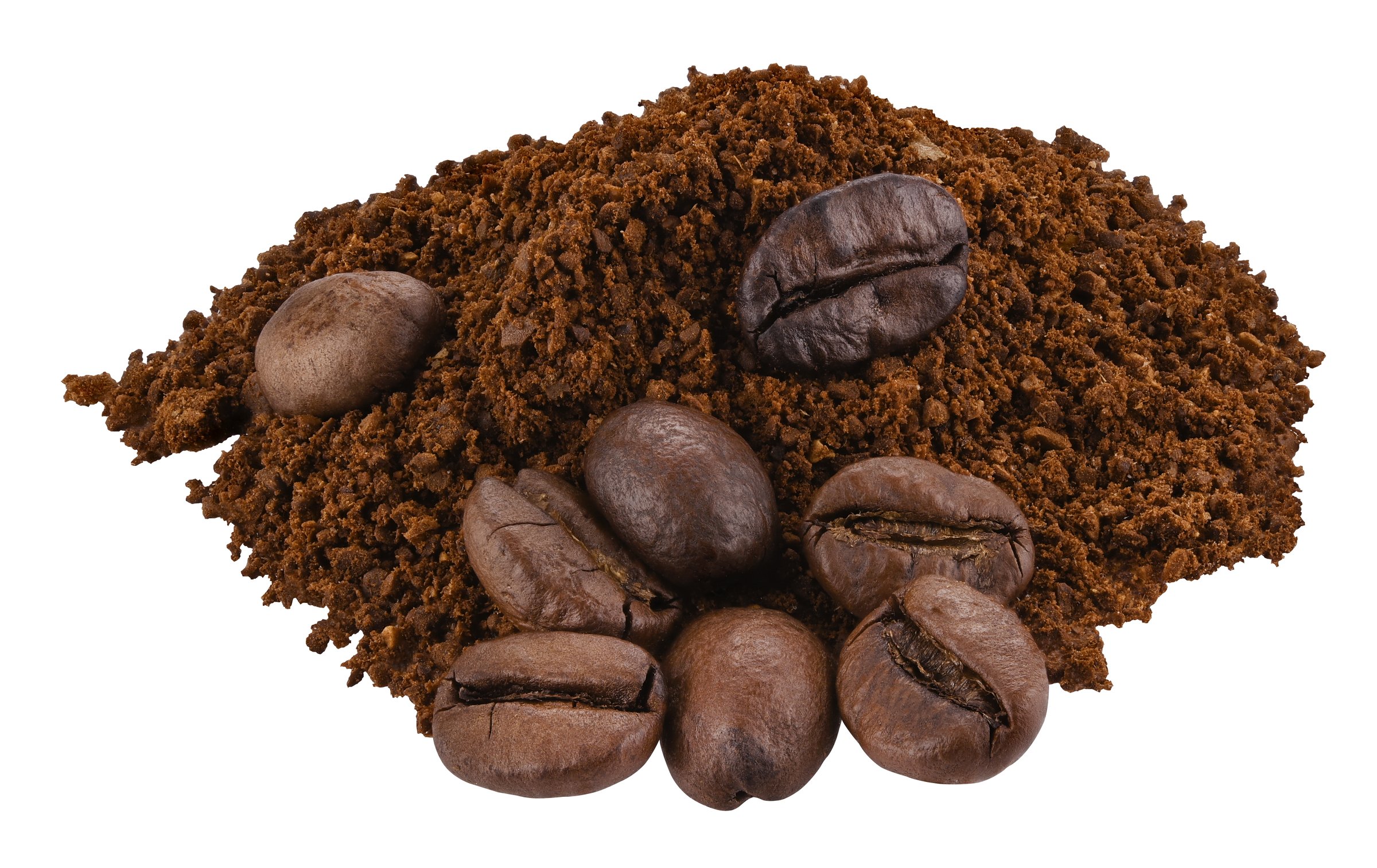 Pile of ground coffee and coffee beans isolated on a white background. Full depth of field.