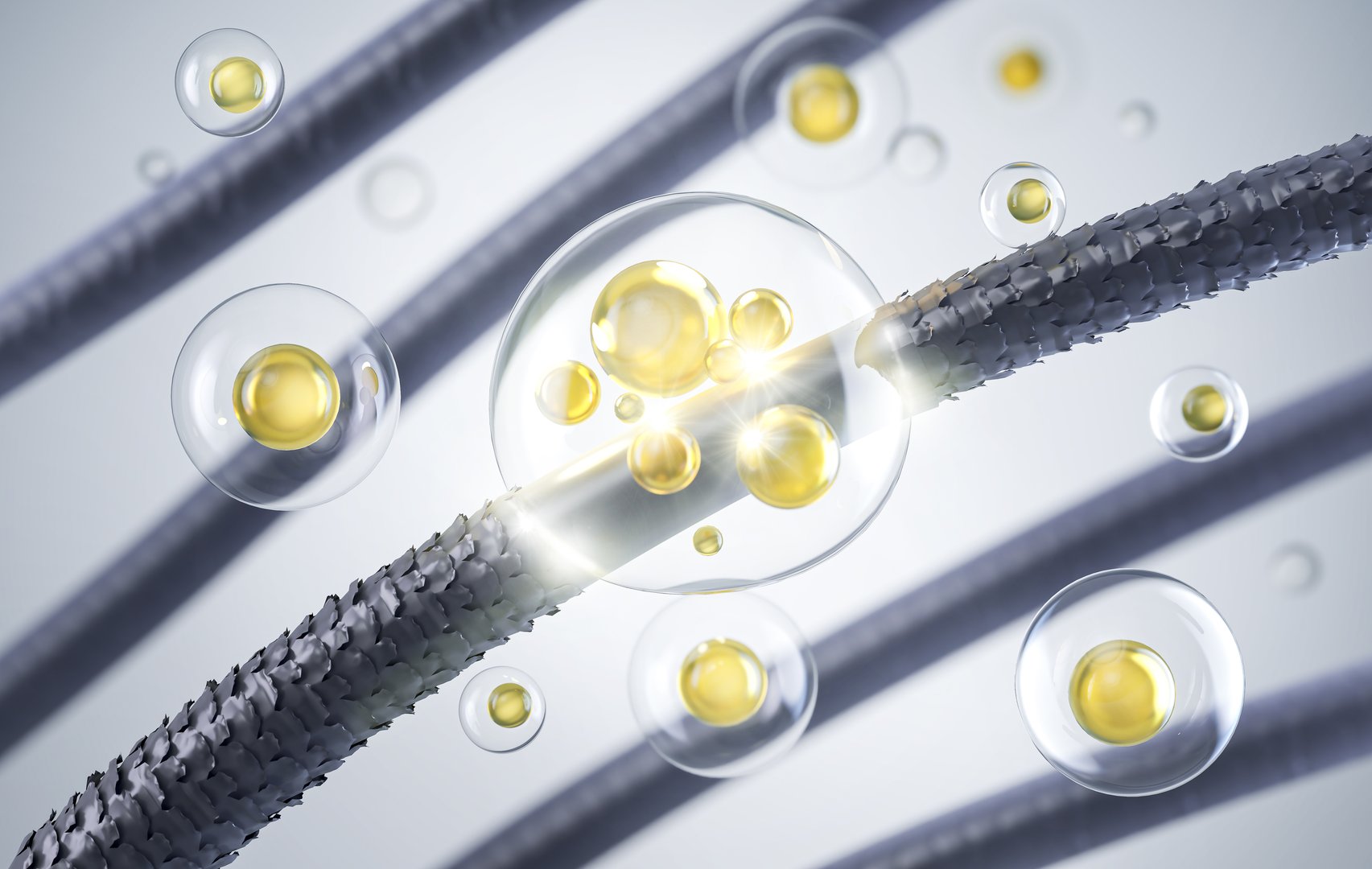 Nourish hair of shampoo or serum. Repair damaged hair concept, 3d rendering.