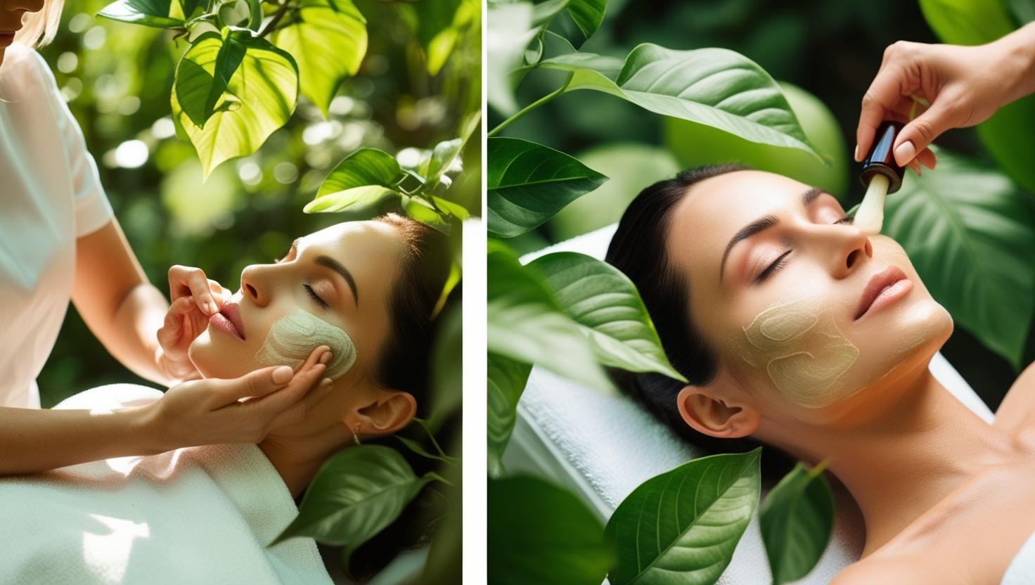 Woman receiving a facial treatment with green cream, surrounded by foliage, in a spa setting.