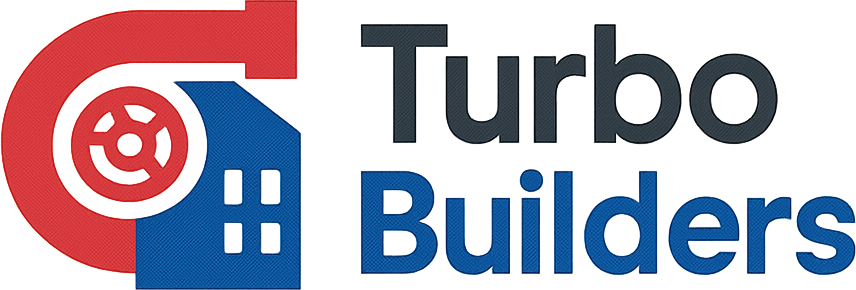 Logo featuring a red turbo symbol and building icon with the text Turbo Builders in blue and black.