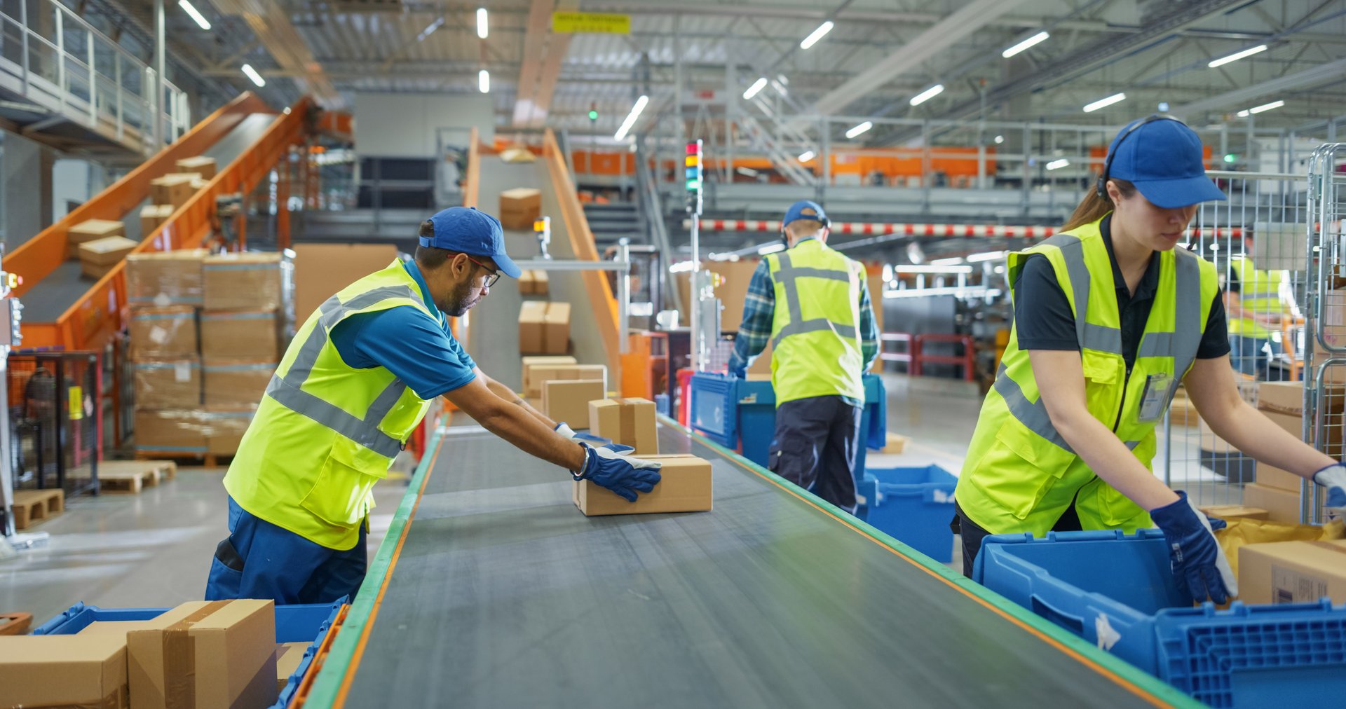 In a Modern Sorting Center Facility, Diverse Workers in Safety Vests Loading Parcels Onto a Conveyor, Efficiently Working Together as a Team. Logistics and Postal Service Operations