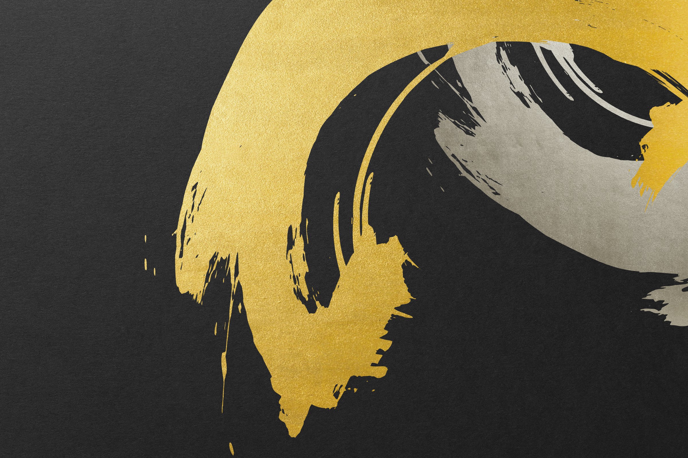 Japanese style abstract background with space for text. Curved brush strokes in gold and silver. Dark vintage style template. black background.