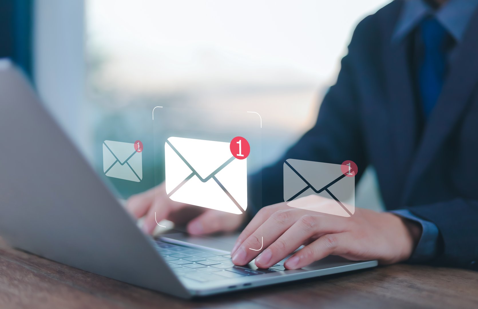 New email notification concept, business online communication, email communication, digital marketing, businessman responding to floating digital interface showing new email notification symbol.
