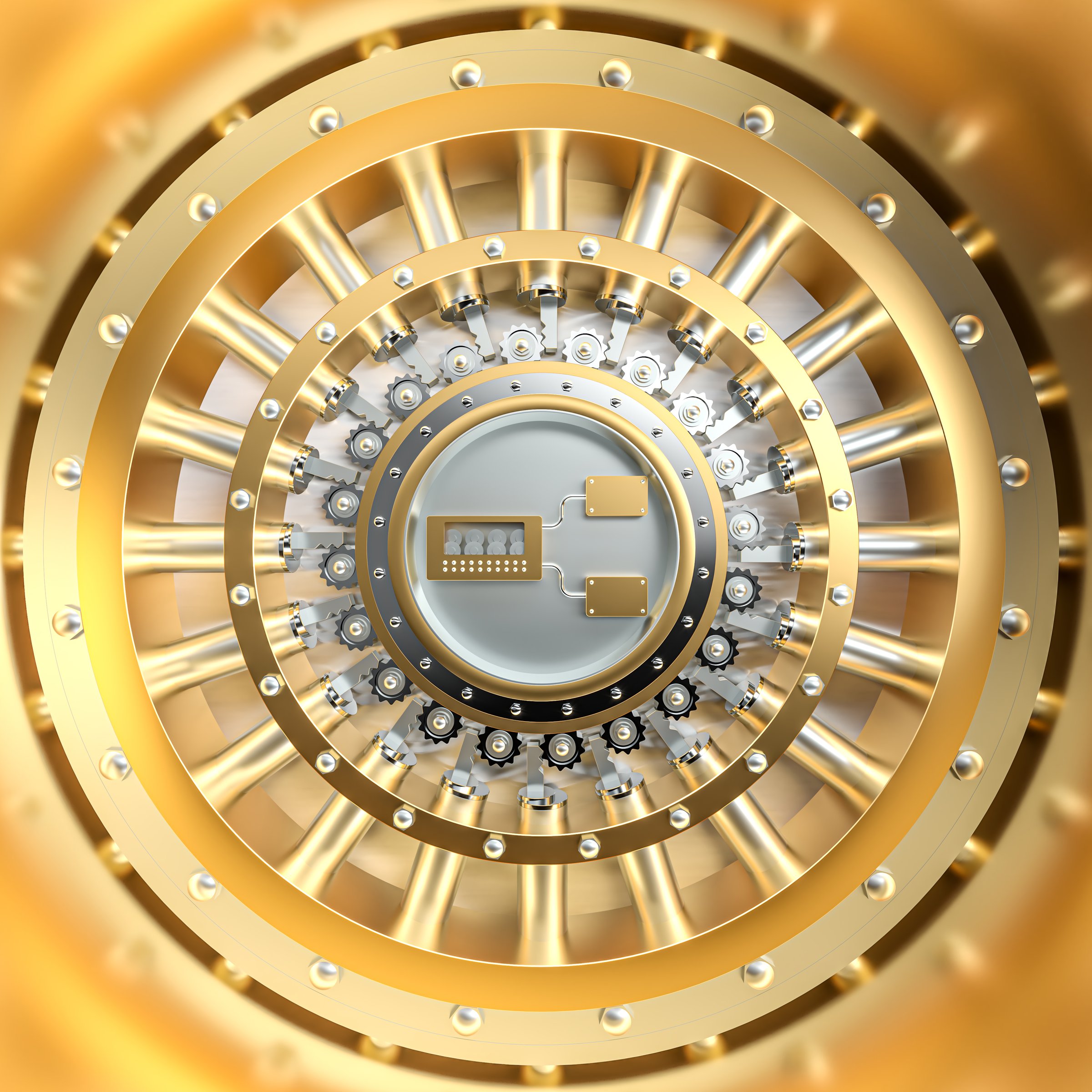 gold and steel vault bank door. 3d render