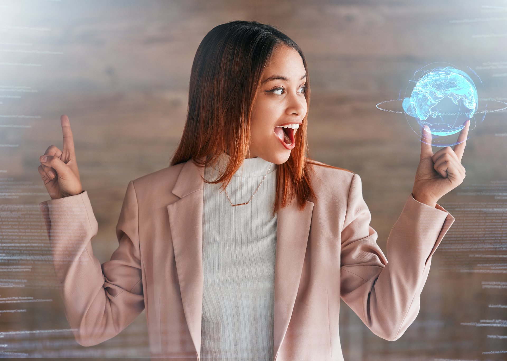 Happy woman, 3D hologram and world for global communication, futuristic technology or business. Surprised female holding virtual holographic globe idea or solution for digital networking on overlay