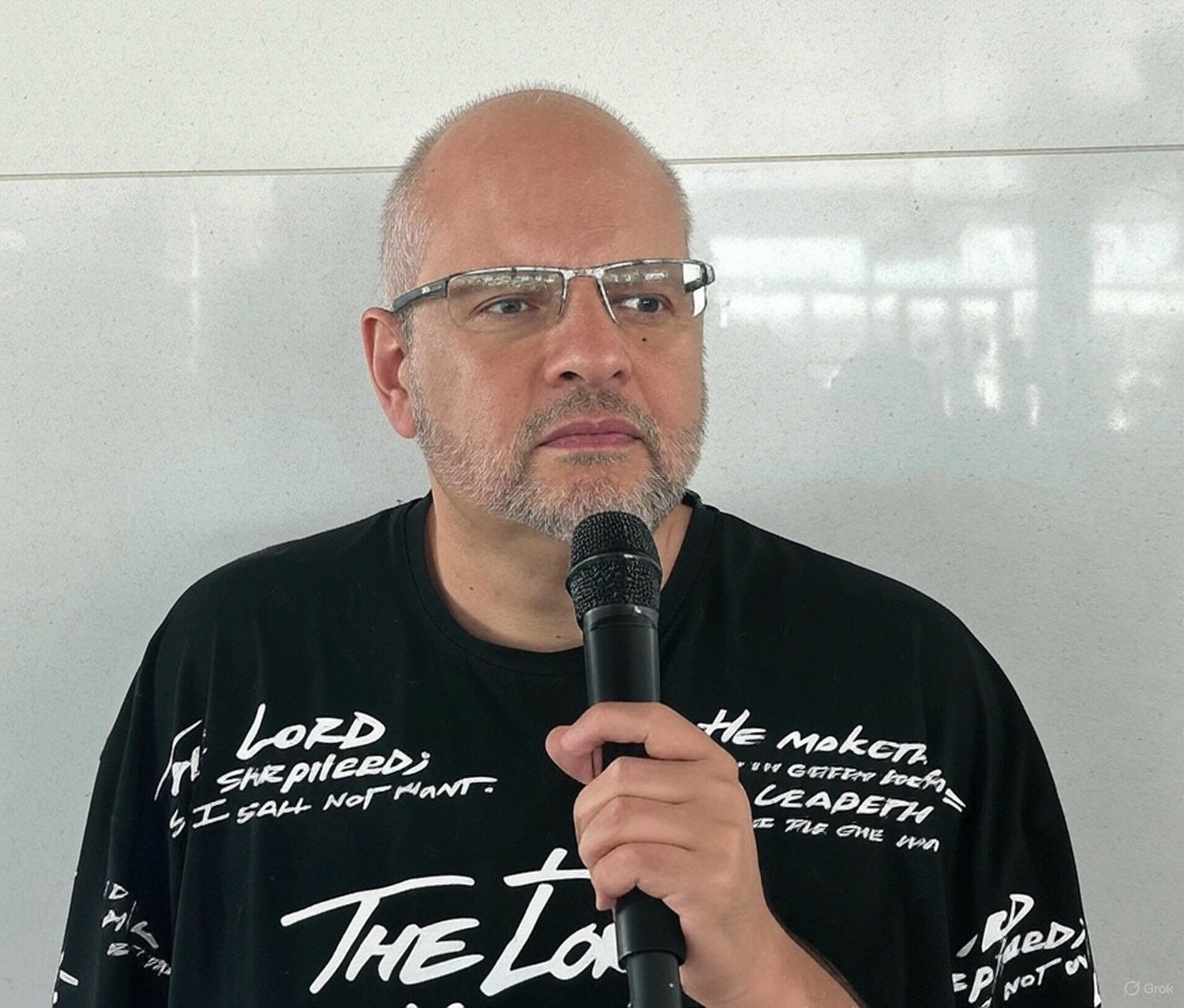 A man with glasses holds a microphone, wearing a black shirt with white text, against a light background.