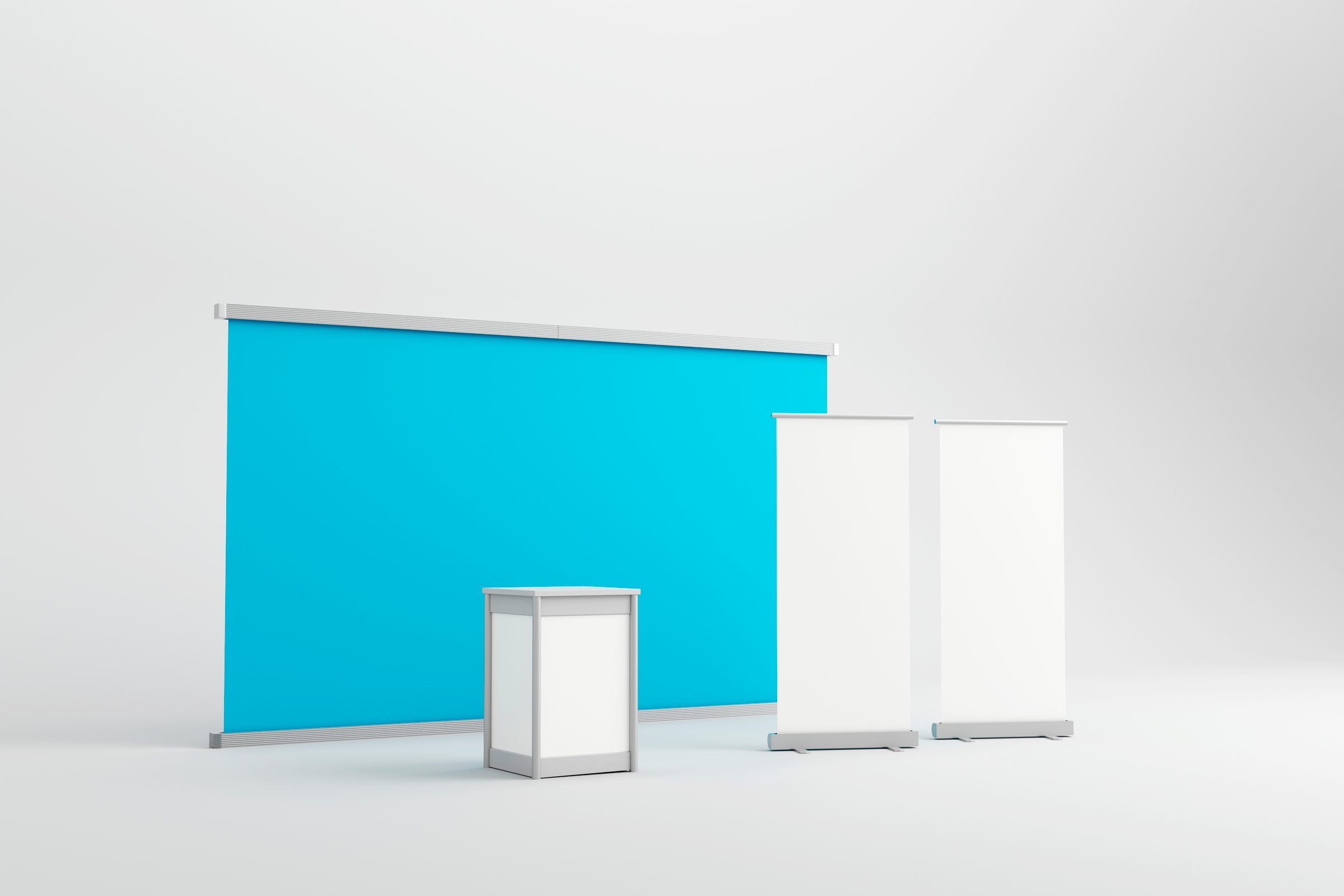 A minimalistic exhibition setup featuring a blue backdrop, two white roll-up banners, and a counter. Ideal for professional branding and display at events.