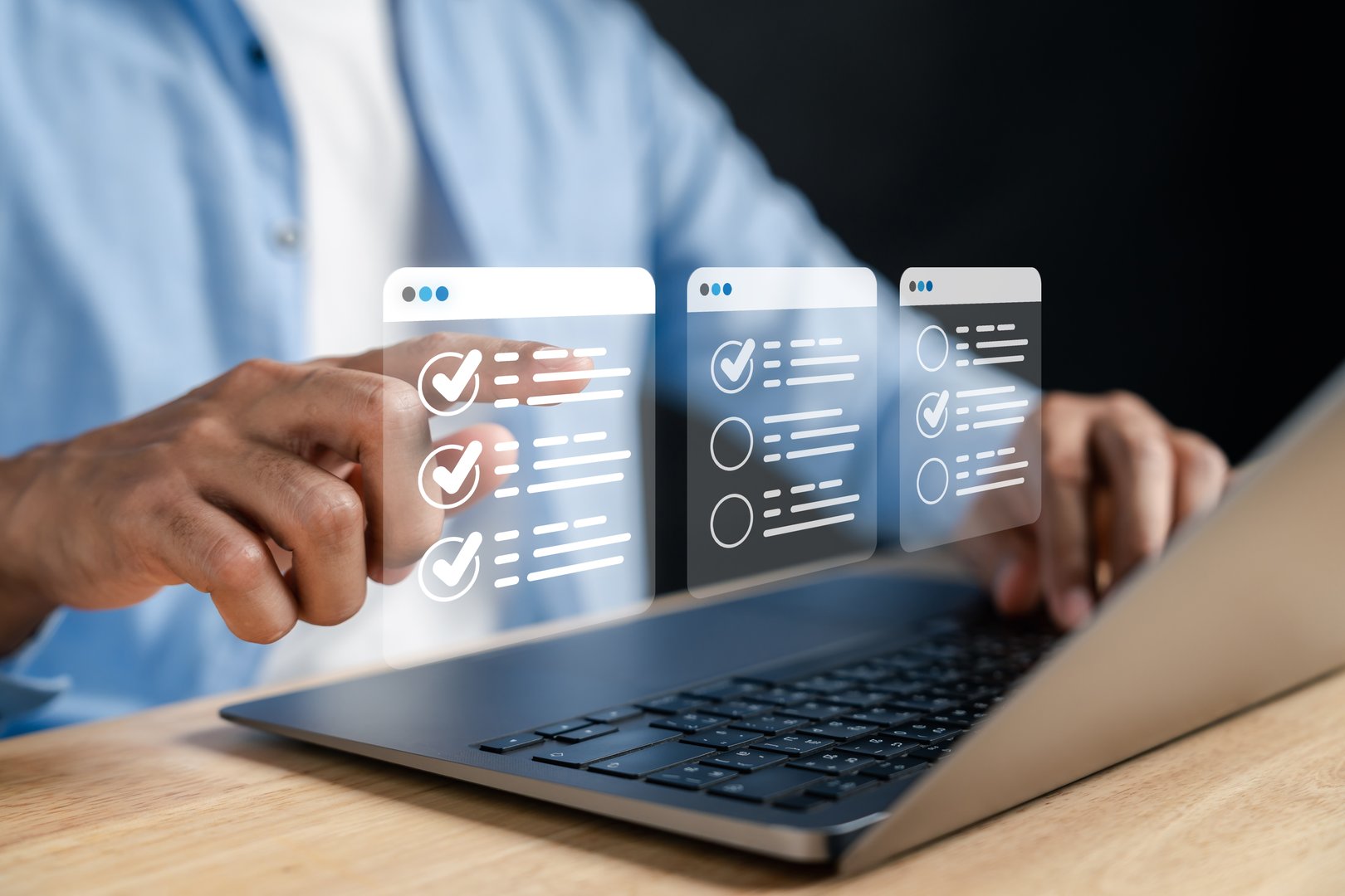 Digital checklist and approved document interface on laptop task management and confirmation process. Ideal for online forms, validation, and business automation systems.