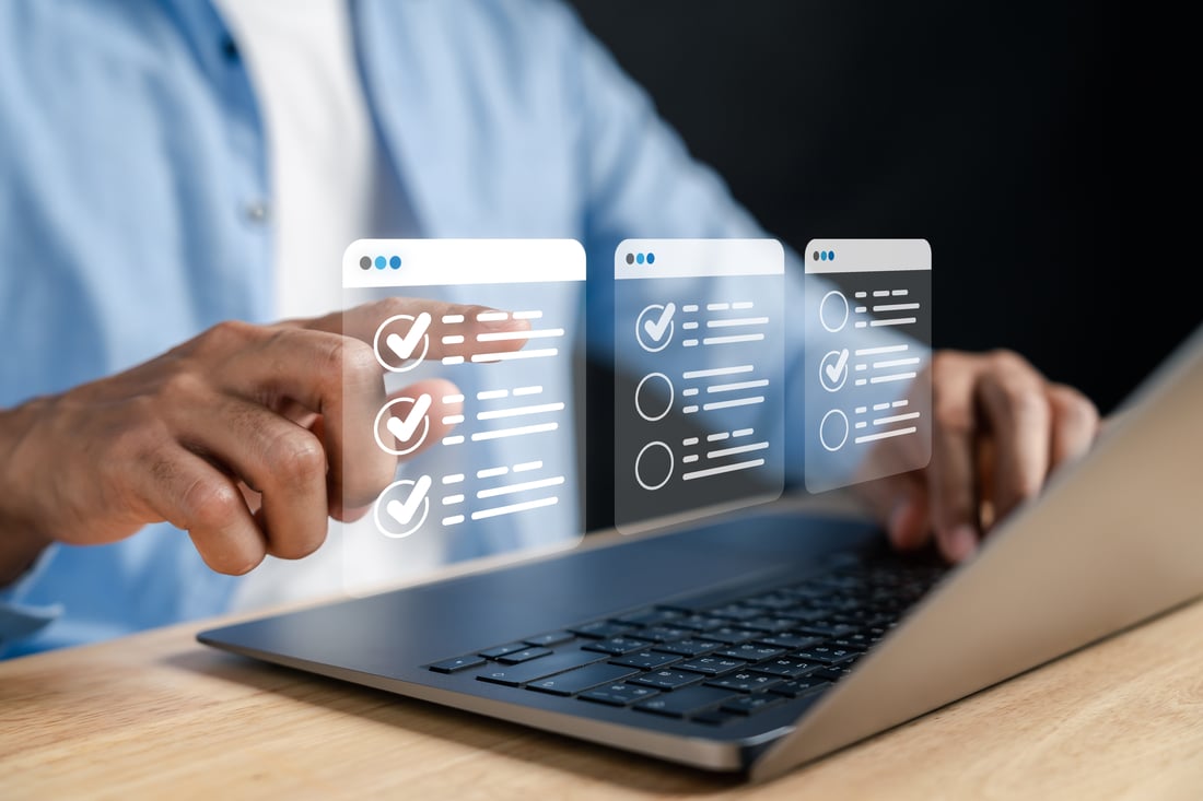 Digital checklist and approved document interface on laptop task management and confirmation process. Ideal for online forms, validation, and business automation systems.