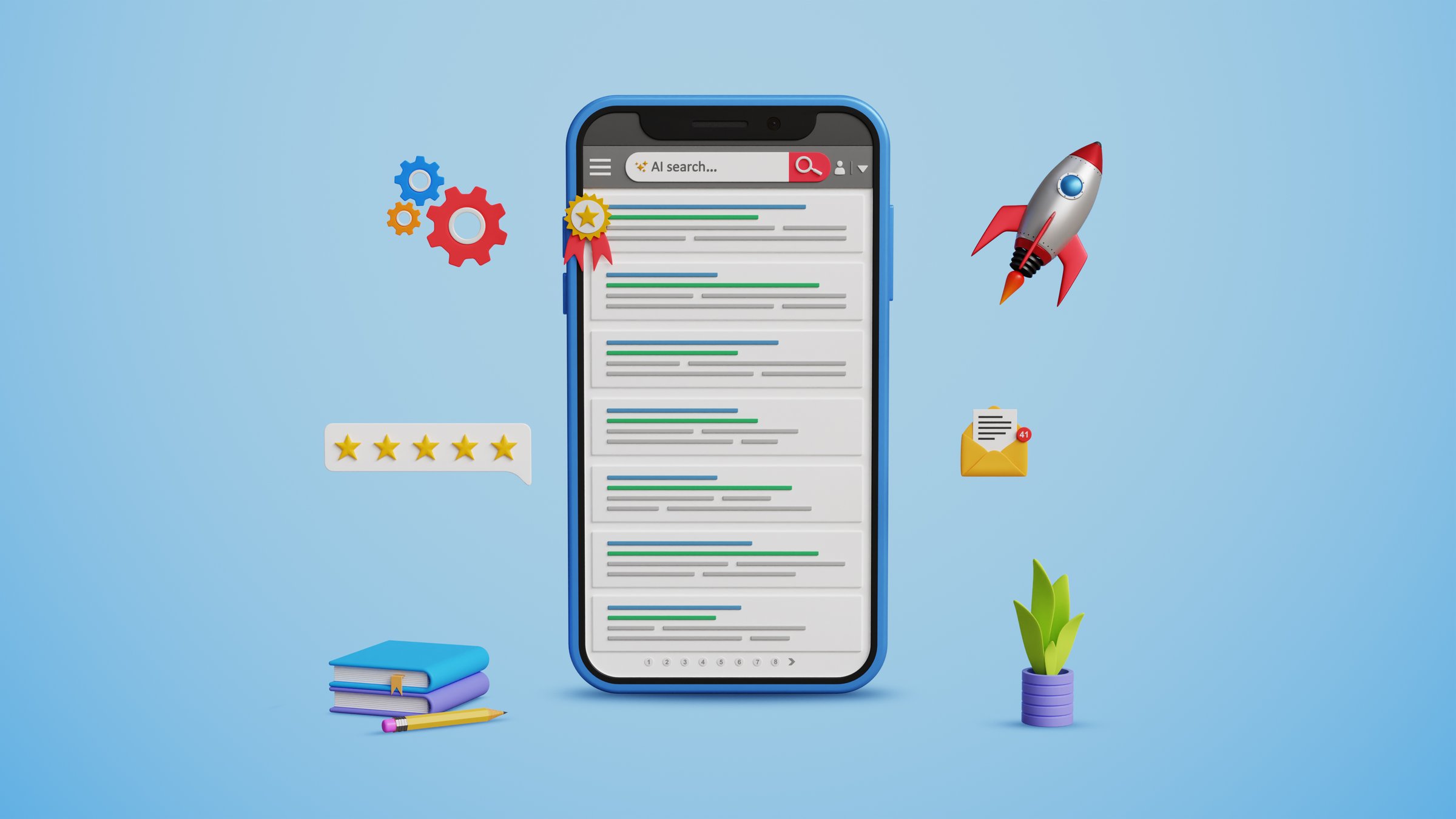 Top ranking with SEO, search engine optimization concept. Top search position, promote website, optimize web with SEO, keywords ranking, organic traffic. Web ranking page on mobile. 3D illustration