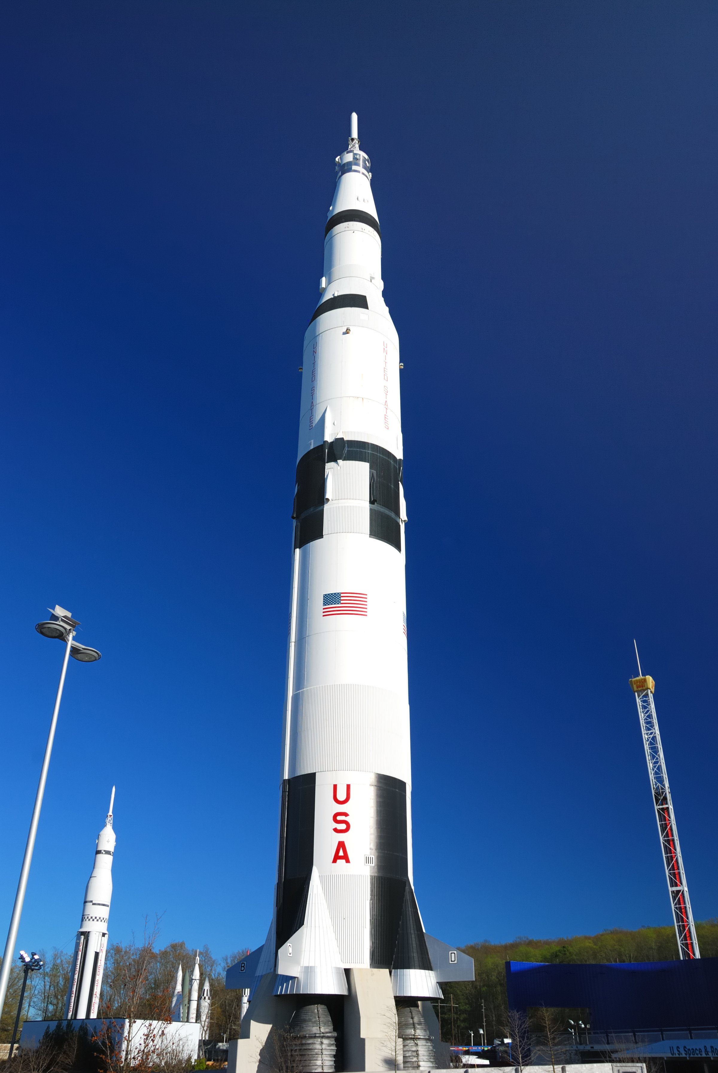 Clear blue skies behind the Saturn 5 rocket.