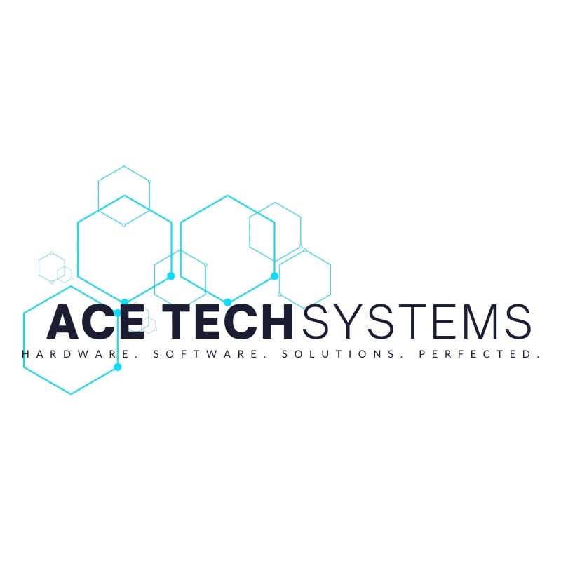 Hexagonal network design with "Ace Tech Systems" and tagline "Hardware. Software. Solutions. Perfected." in blue text.