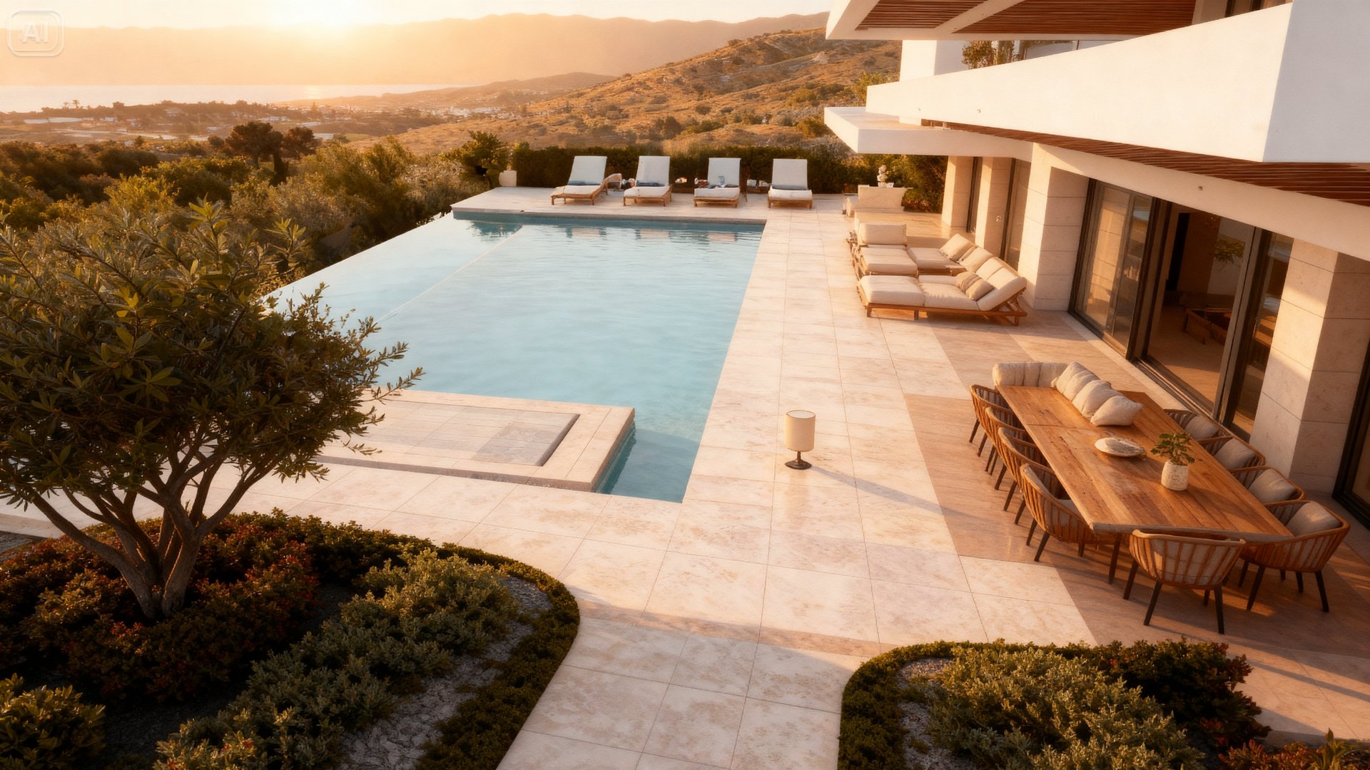 Luxury villa at sunset with glowing lights