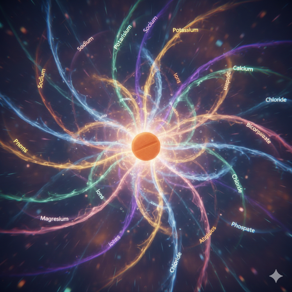 Compressa con molecole e ioni minerali che si irradiano