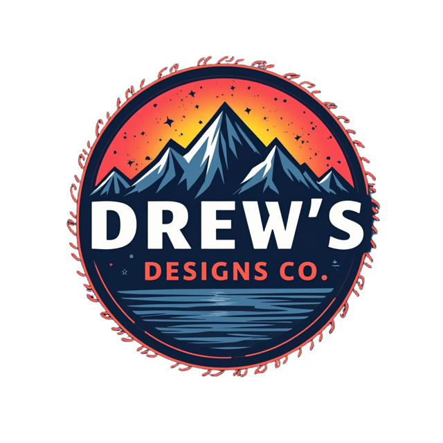 Logo for Drews Designs Co. featuring a mountain scene with water and a sunrise, set in a circular design on a black background.
