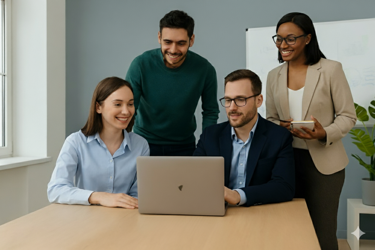 Equipo colaborando en oficina moderna con ambiente profesional y cálido