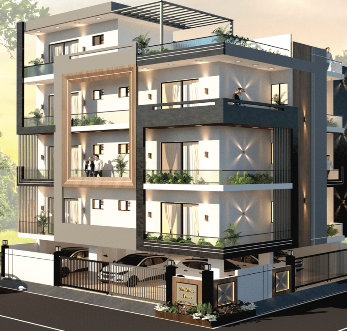 Modern three-story apartment building with balconies, lush greenery, and a gated entrance.