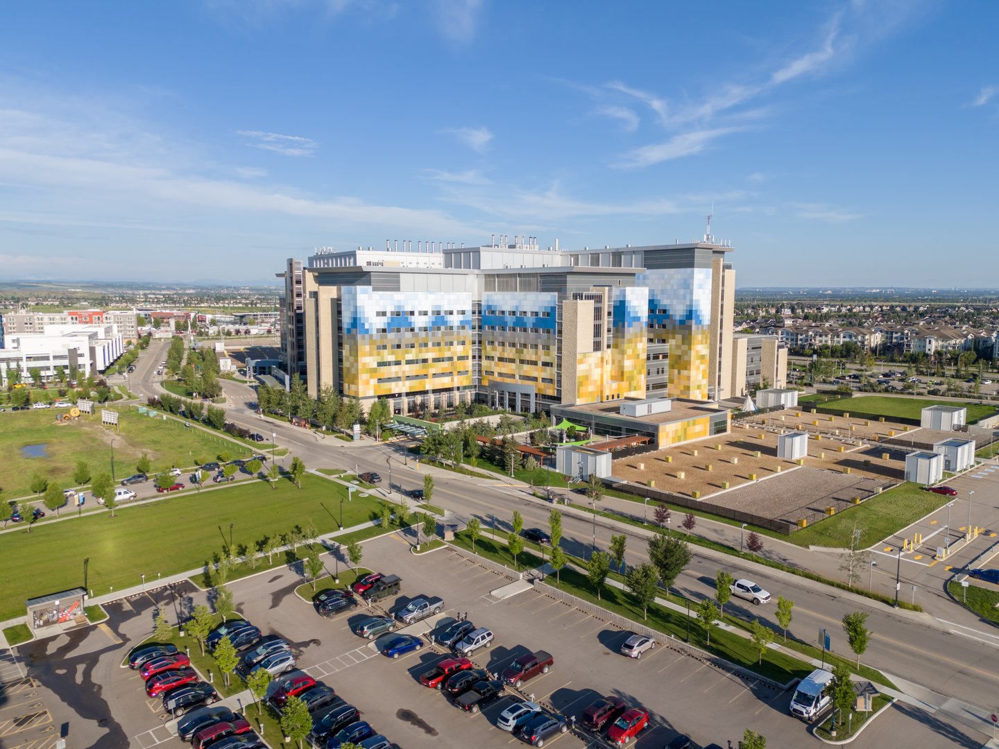 Calgary, Alberta - August 4, 2025: Aerial view of South Health Campus in Calgary.