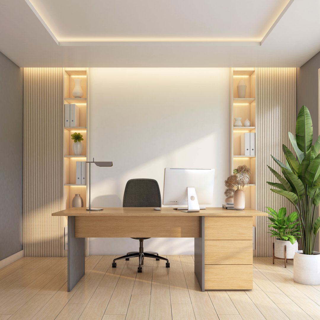 Modern minimalist manager room with built-in cabinet and wooden shelf, work desk and work chair, Green indoor plants on the side. 3d rendering