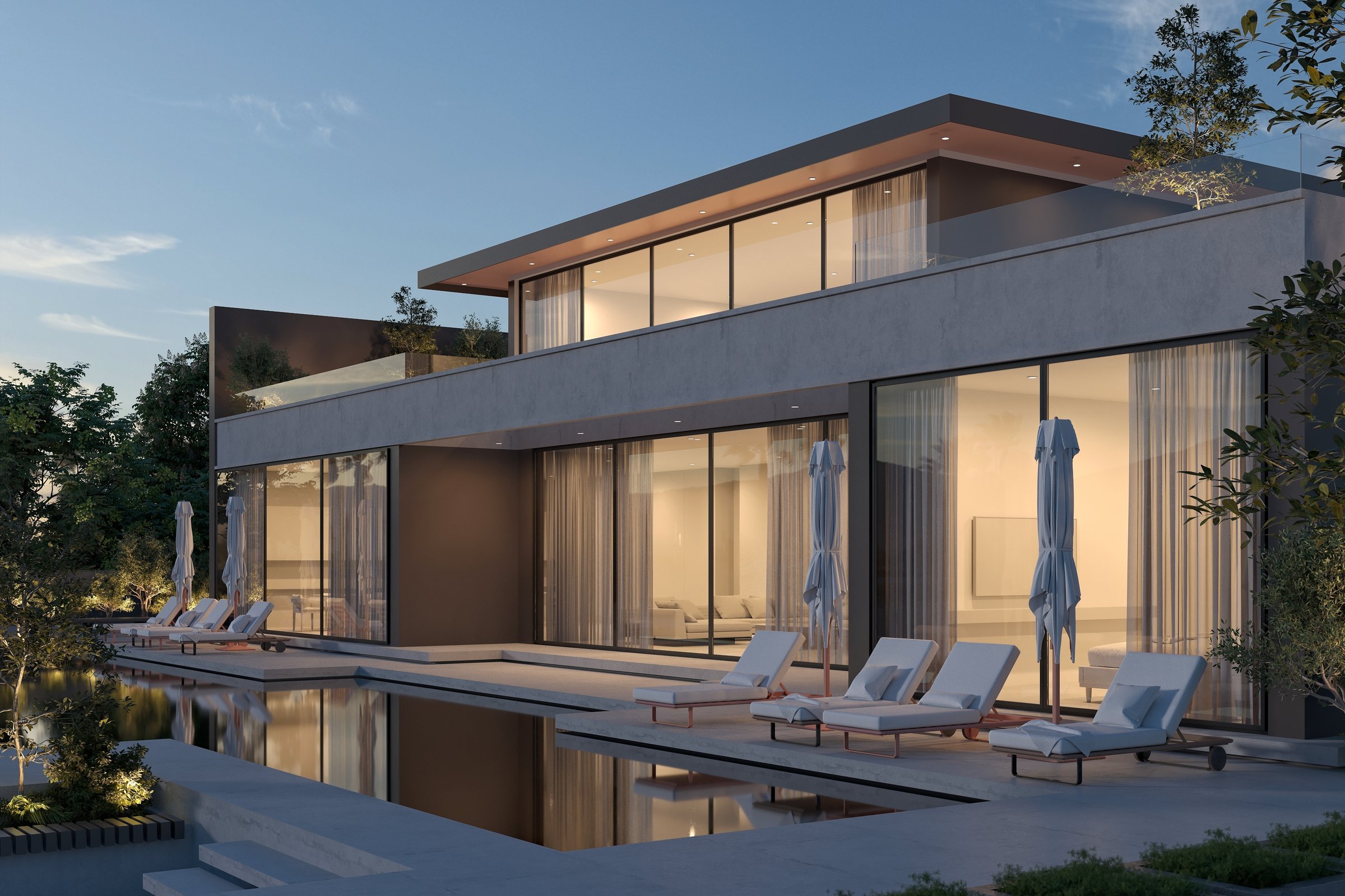 Luxury villa house exterior and swimming pool