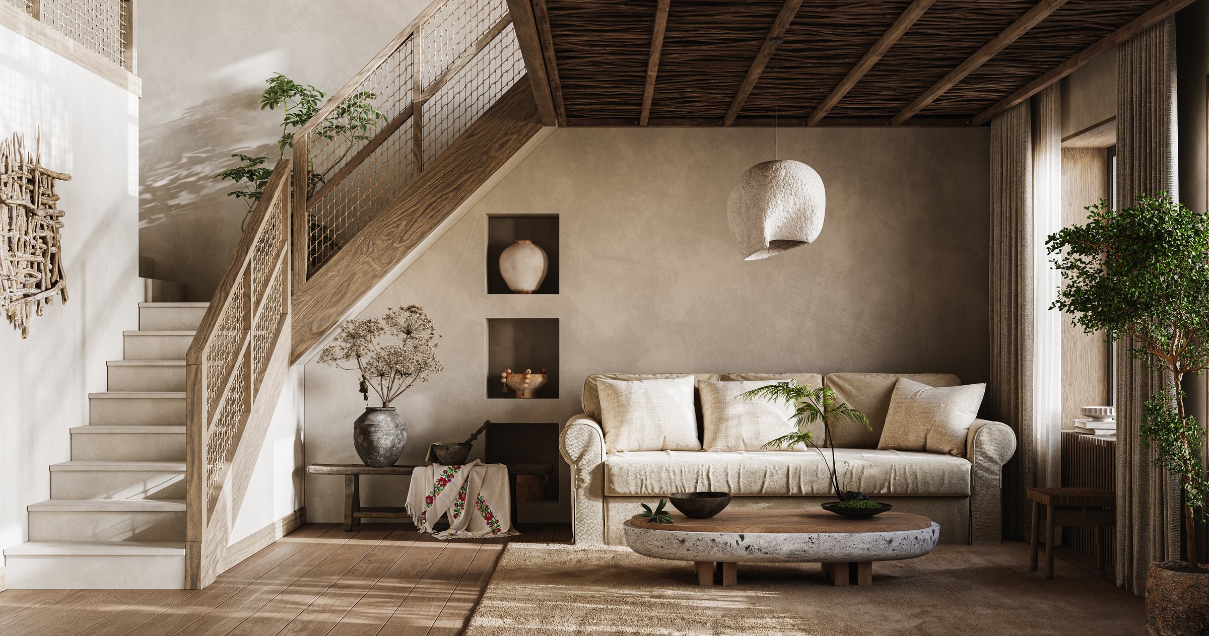 Warm Rustic Living Room Interior with Wooden Ceiling, Ceramic Decor, and Natural Earth Tones