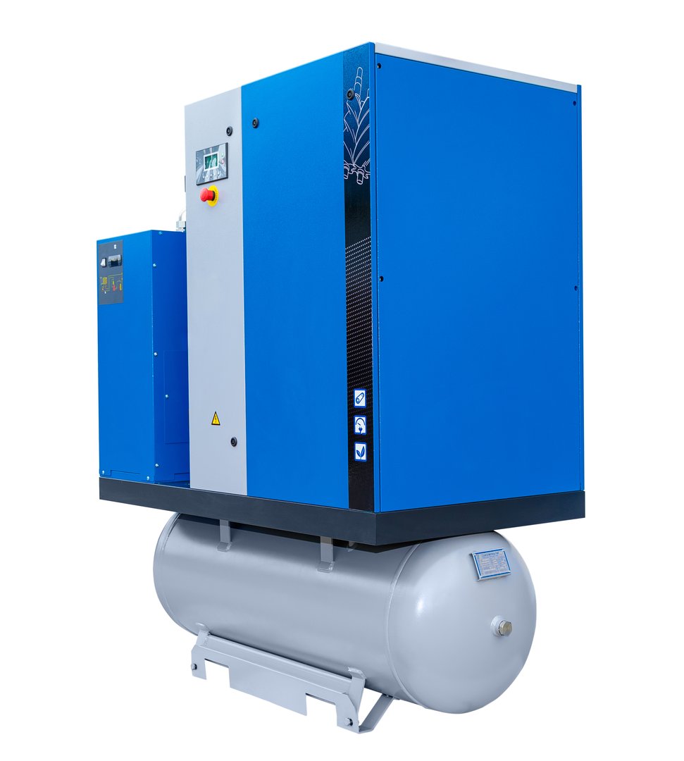 Blue industrial air compressor with a large air tank, generating compressed air for various applications