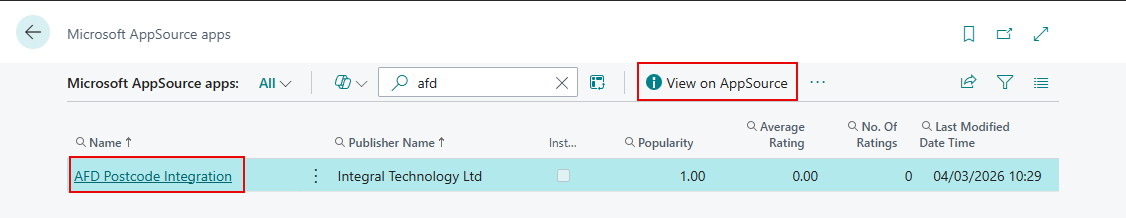 When the list opens, search for AFD on AppSource