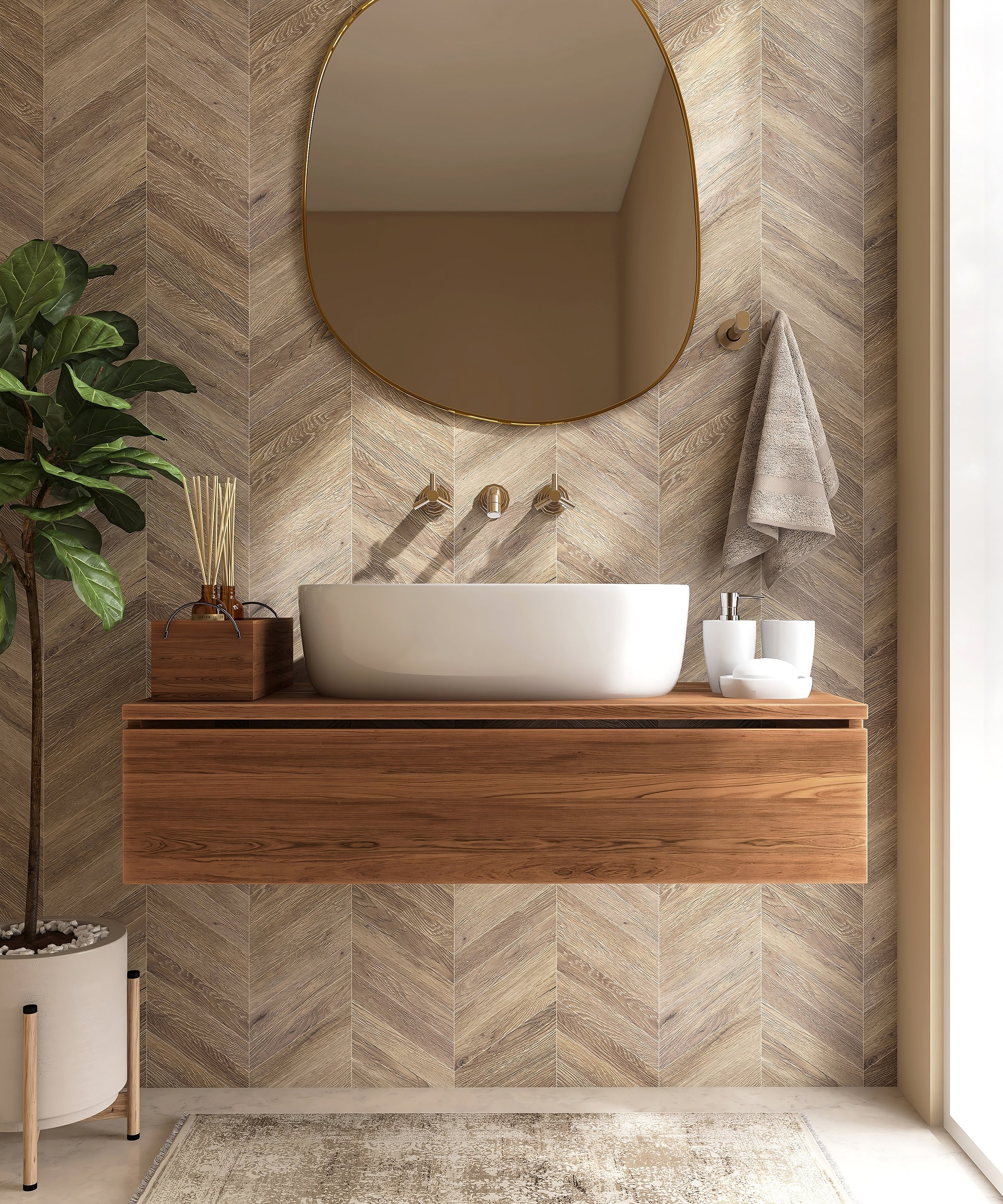 Soap dispenser, white washbasin bowl on wooden vanity table countertop, deck mount faucet, mirror in sunlight on brown herringbone tile wall for interior design decoration, beauty, fashion product background 3D