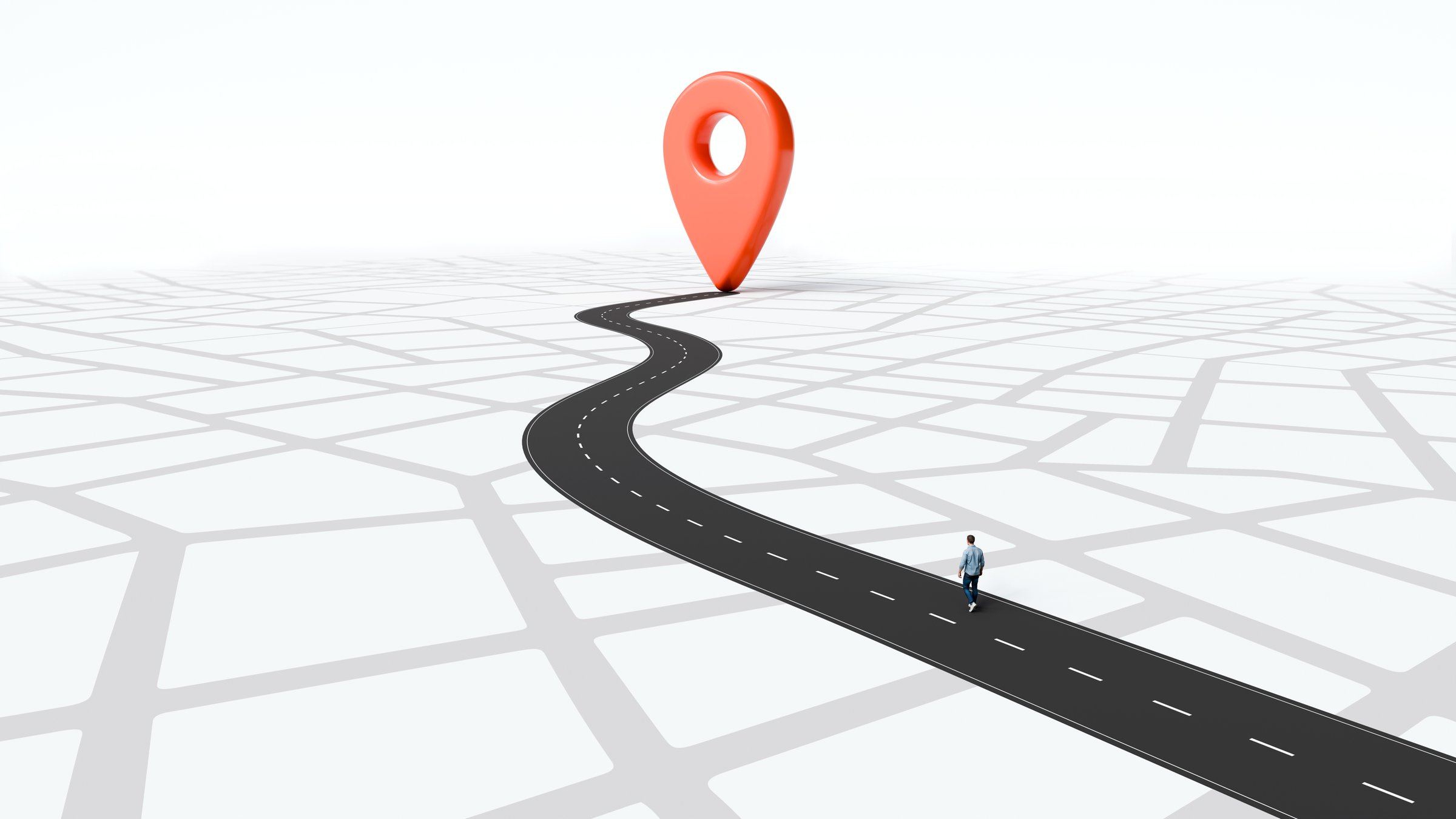 Man walking on a curved road toward a large red map pin location marker, direction, focus, journey, purpose, goal, achievement, 3d render