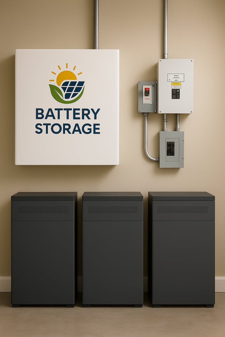 Battery storage system with three units and an electrical panel on a beige wall, featuring a logo with a sun and grid design.