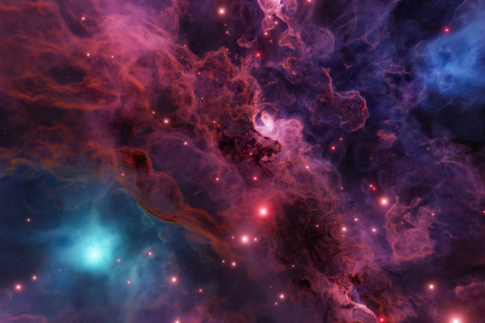 Colorful nebula with swirling red, purple, blue, and green gas clouds.