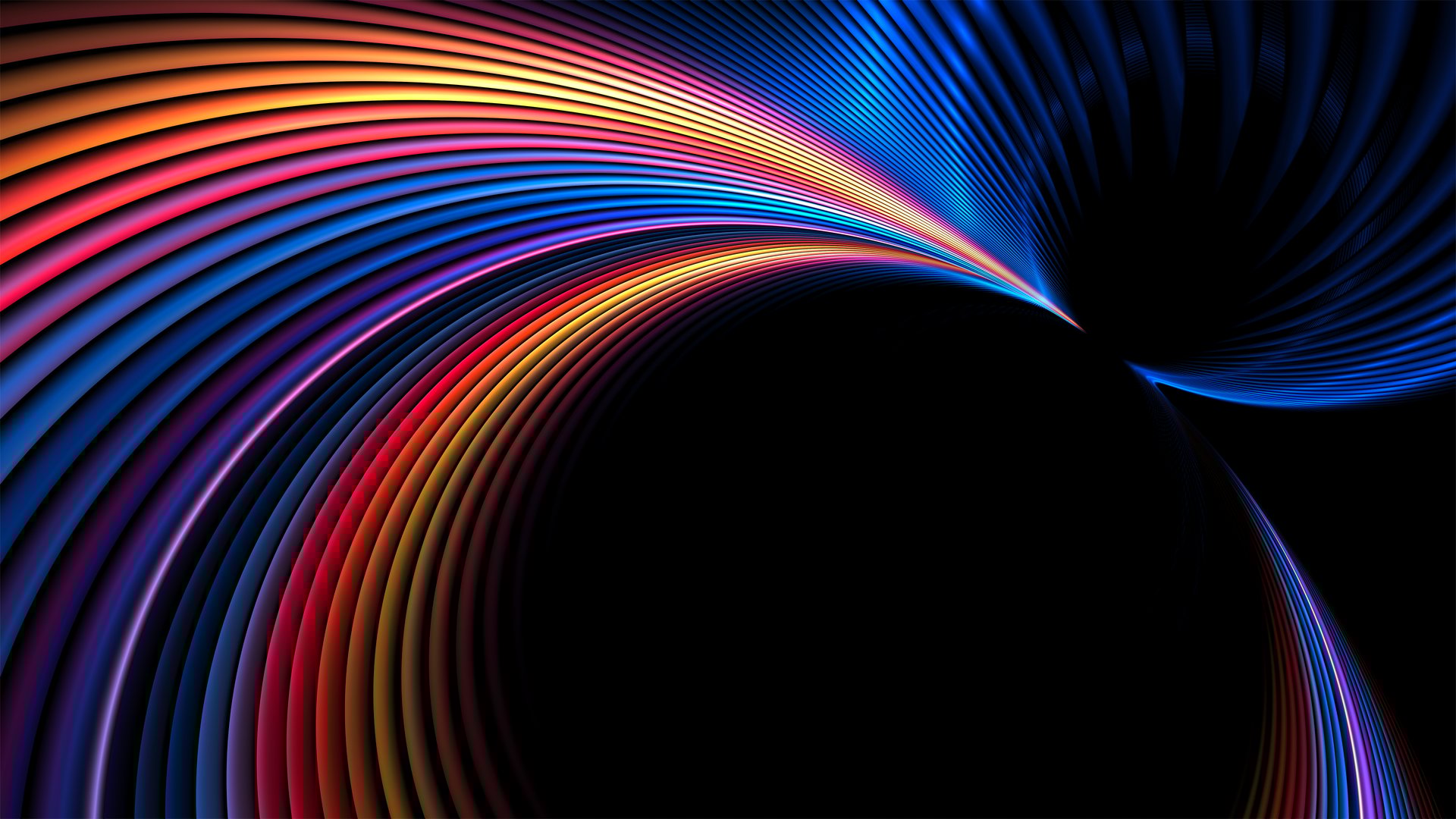 Neon curves abstract background with circular copy space. Fractal render. Colorful glowing stripes.