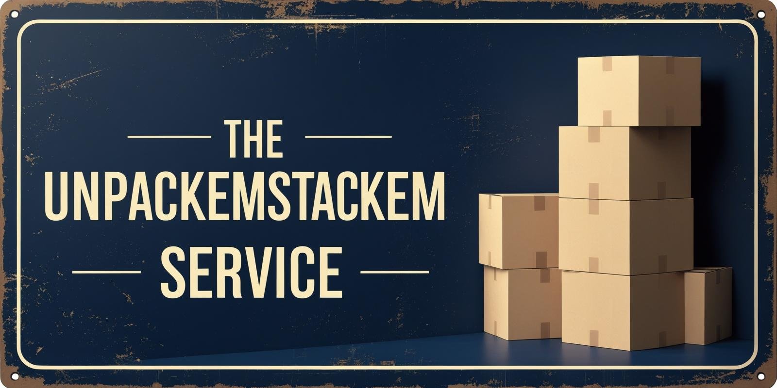 The UnPackEmStackEm Service sign with dark blue background and packing boxes