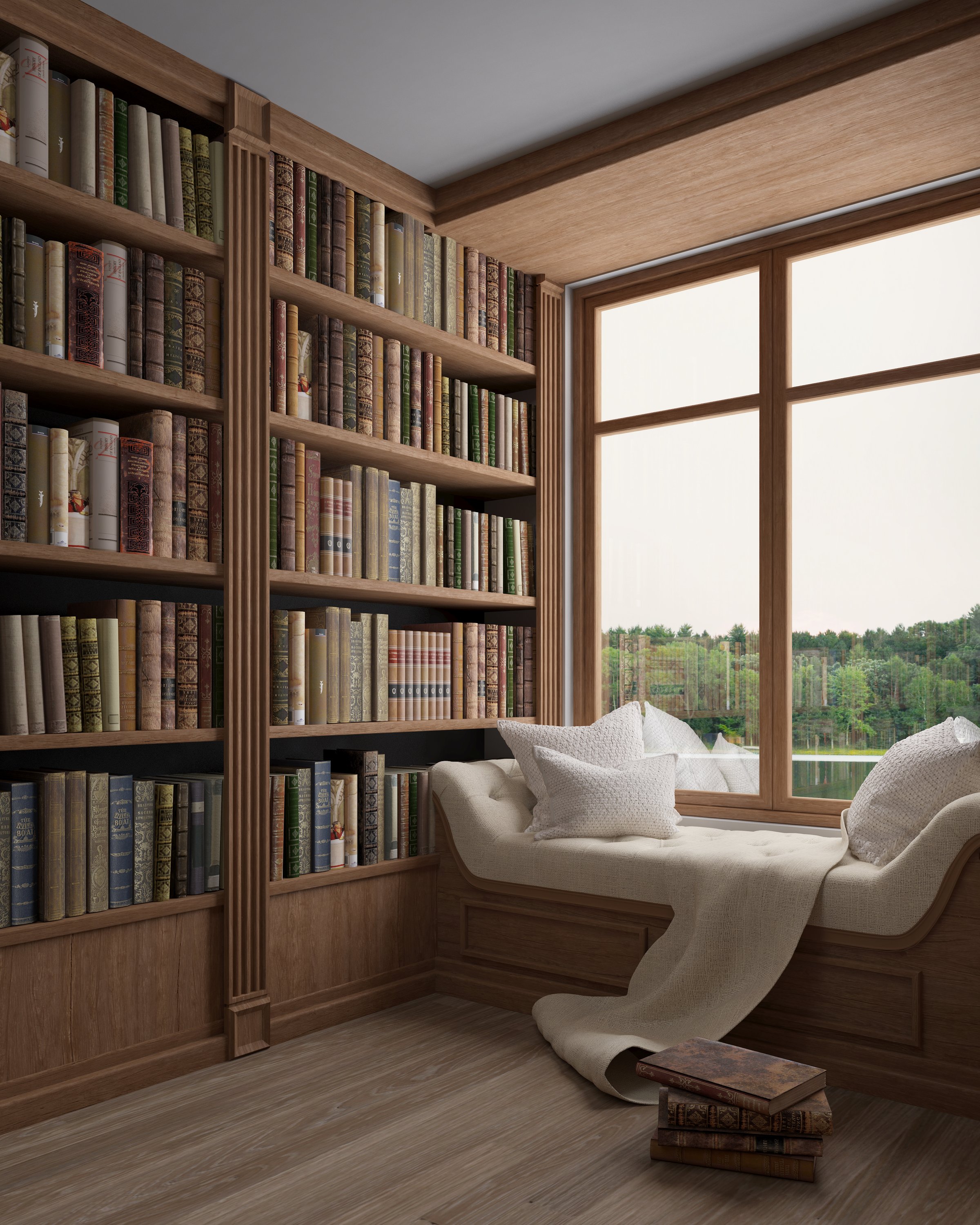 Reading room in old library or house.Big window and soft seat.3d rendering