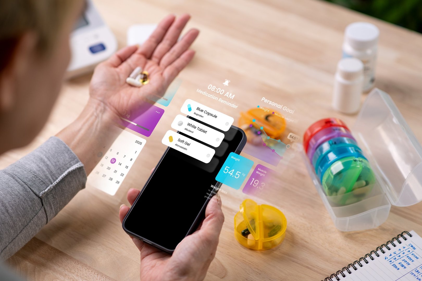 Senior Asian Woman checking medication reminder on phone while holding pills on hand, in concept of Augmented reality, Application Interface design, UX UI design, and Health care