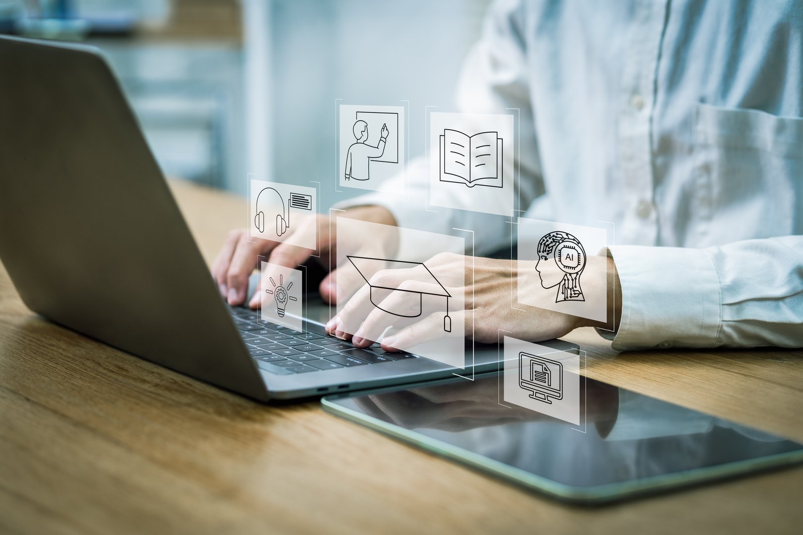 Personal Information Technology, Internet Learning, Network Technology, Online Education, Training, Courses, Off-Campus Learning, Businessman or student learning online on computer and tablet.