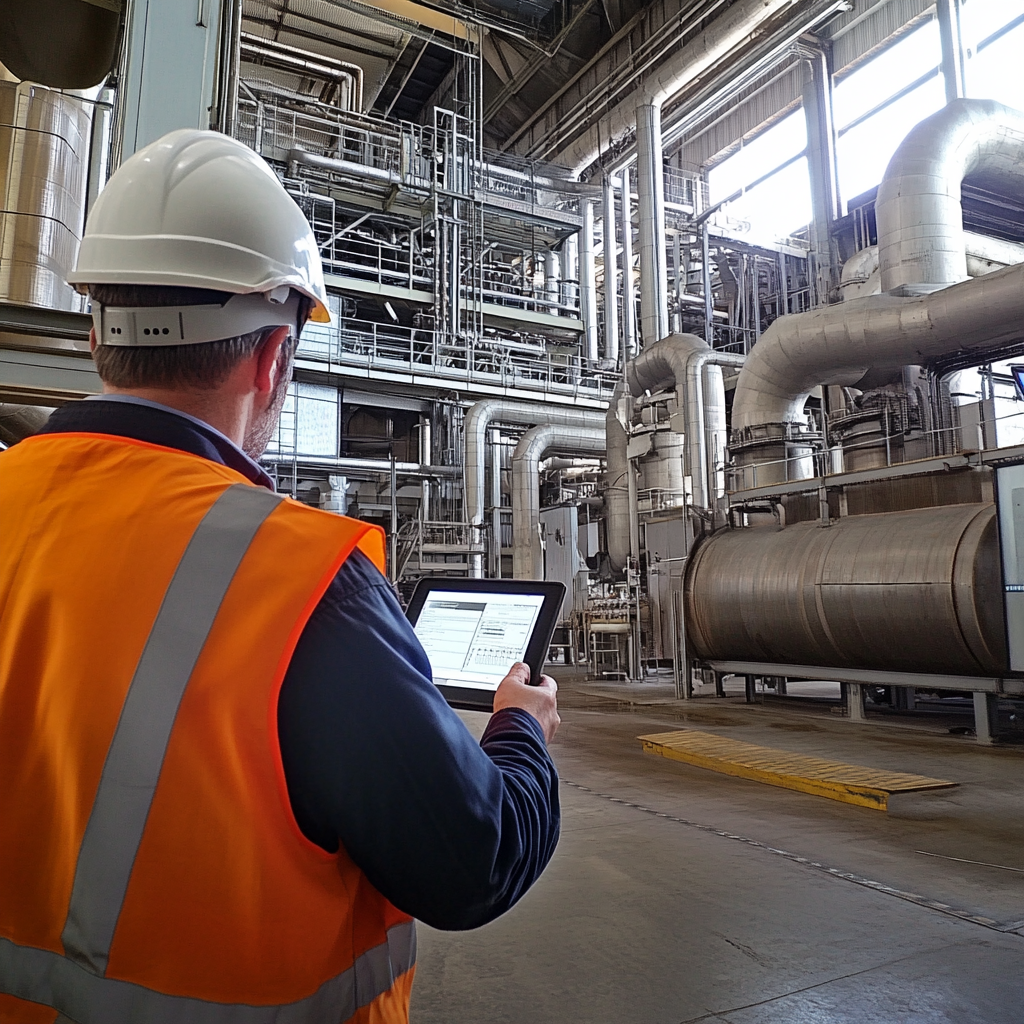 Worker in orange vest and hard hat using a tablet in an industrial facility with large pipes and machinery.