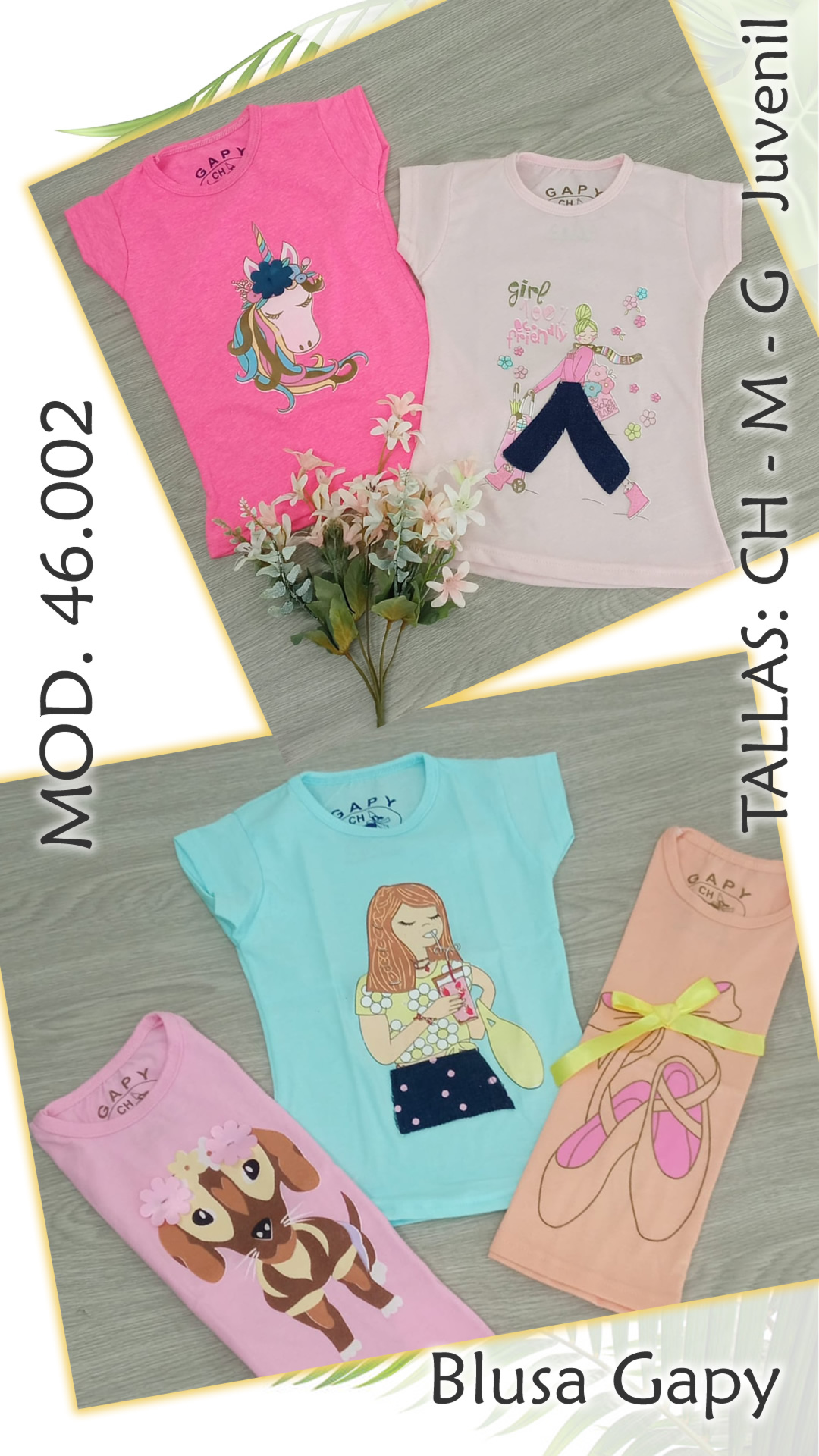 Four colorful children's t-shirts with cartoons: unicorn, girl, dog, and ballet shoes, displayed on a wooden floor.