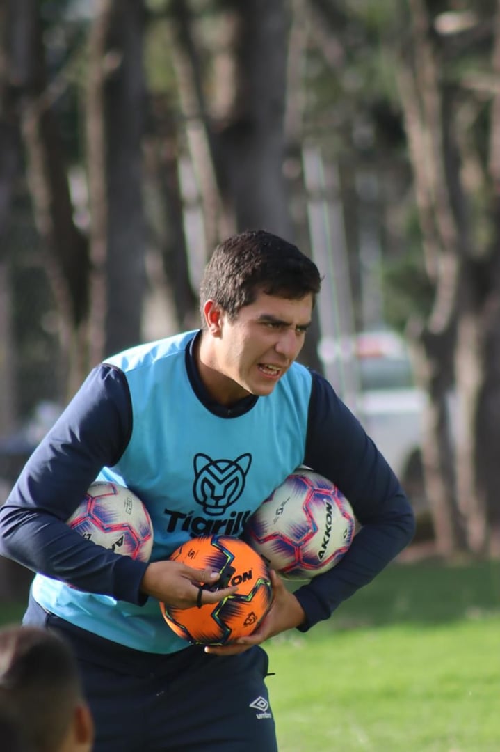 Man holding two soccer balls on a field, wearing a blue sports vest, with blurred trees in the background.