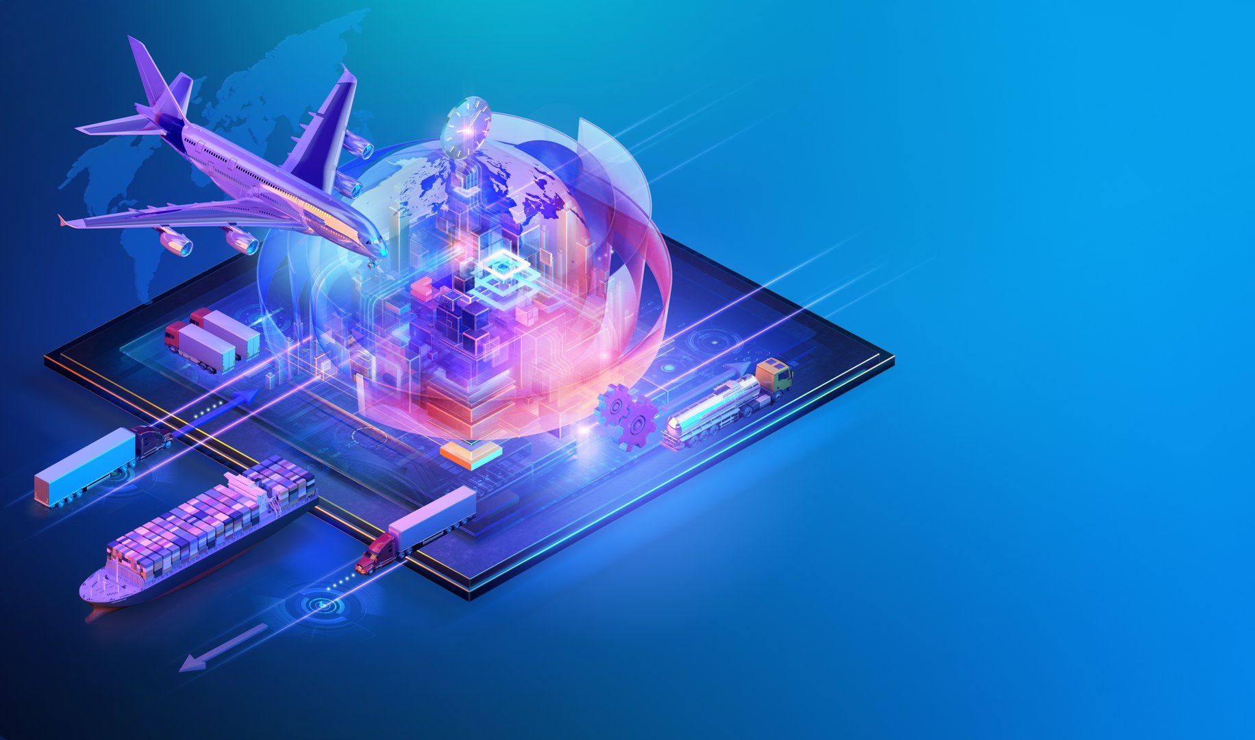 Global logistics network, 3D illustration. Digital transportation system with airplane, ship, trucks, futuristic city. Interconnected supply chain management concept. Smart technology in worldwide freight, shipping, delivery operations