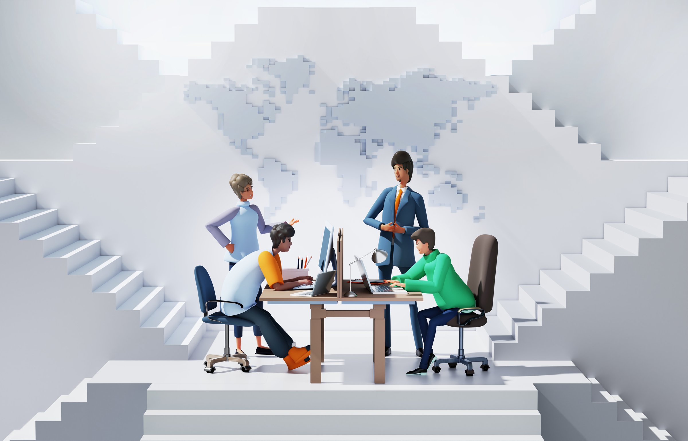 Business team working, collaborate on project in an abstract business environment with stairs, representing professional ladder of success, global business and opportunities. 3D rendering