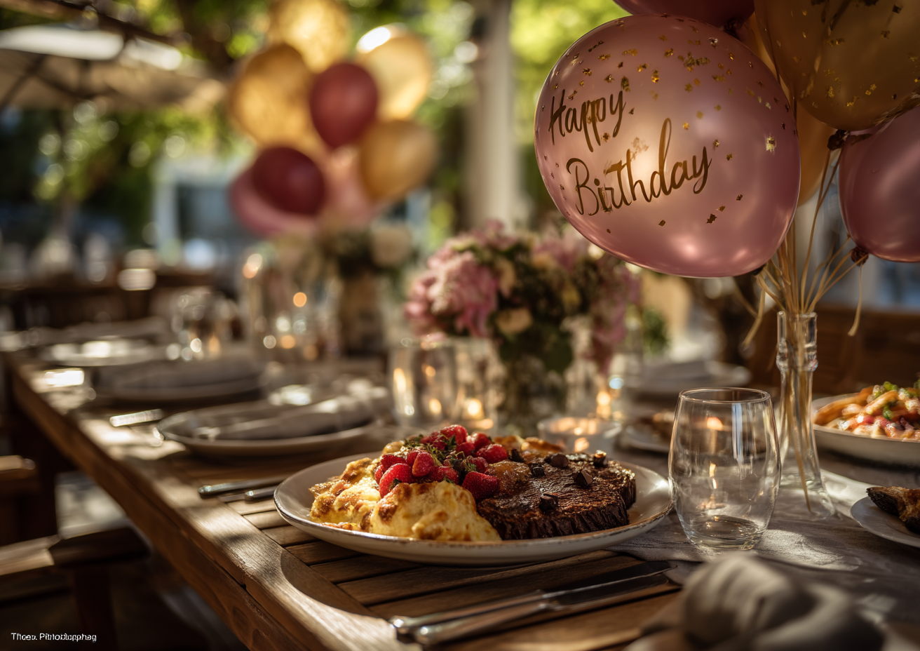 A table set for a birthday party with cake, pastries, and Happy Birthday balloons in a sunlit outdoor setting.