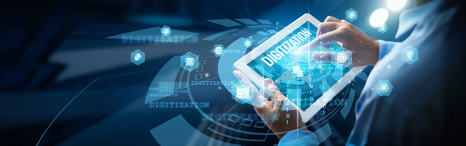 A person is using a mobile digital interface, highlighting Digitisation as the process of converting information into a digital format, and sharing of data across various platforms and devices.