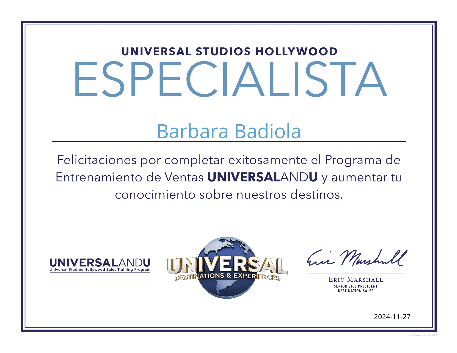 Certificado oficial de Universal Studios Hollywood