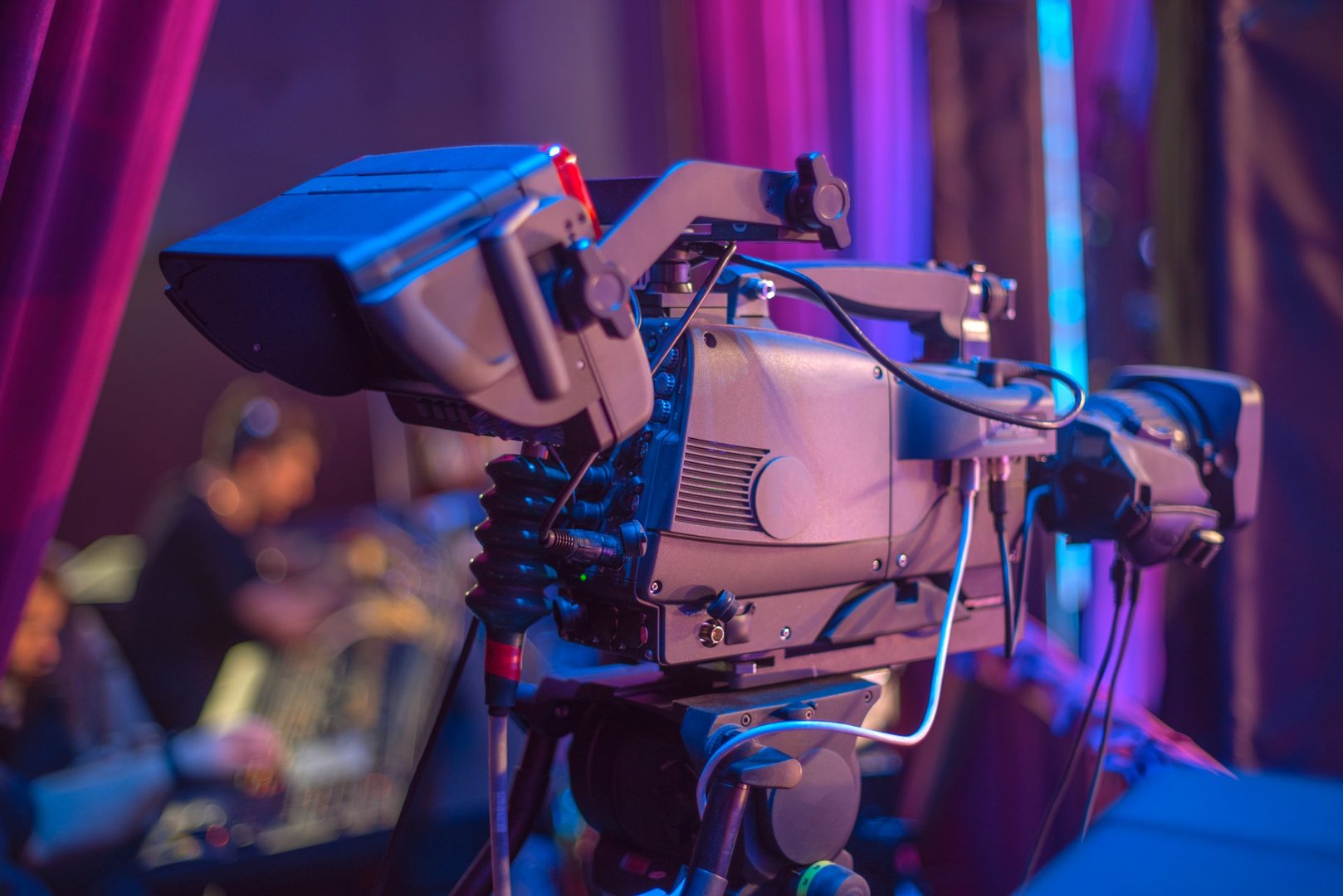 TV camera on the set and broadcast of the show in the studio