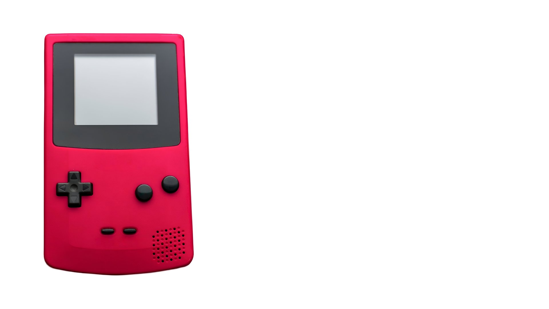 Red coloured mini handheld video game console on white background