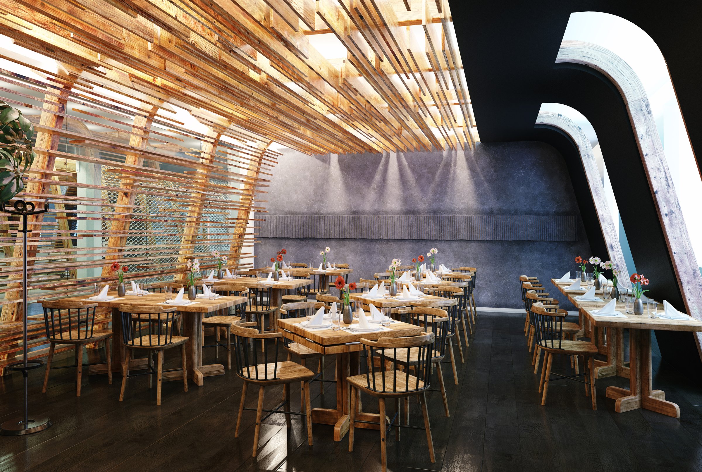 Modern restaurant interior with wooden architectural design. Empty dining room with tables set for service. 3D rendering of a contemporary cafe or bistro.