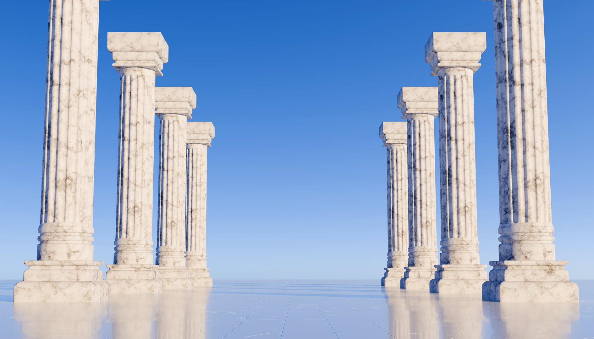 Roman columns on blue sky - 3d render. Ancient marble pillars in a row. Colonnade with daric columns. Public building. Ancient greek temple. 3d rendering. Pedestal for cosmetic product and packaging