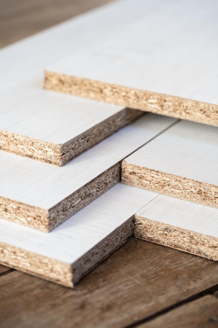 White melamine stack in kitchen furniture factory in Mar del Plata, Buenos Aires Province, Argentina